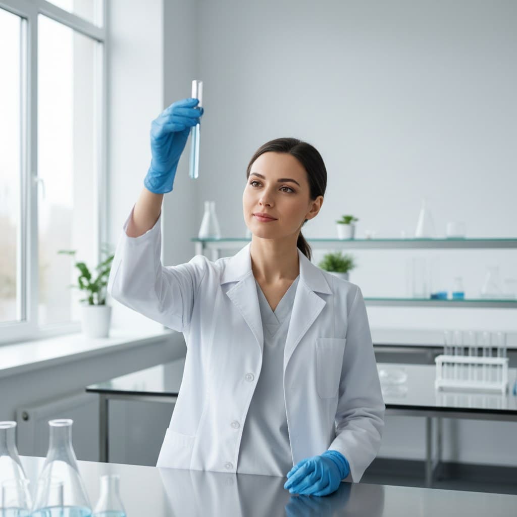 Female lab scientist in white coat and blue nitrile gloves examining a glass test tube held up to the light